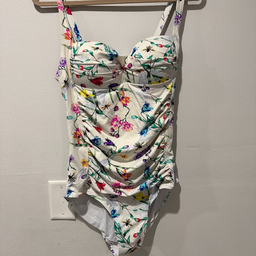 Betsey Johnson White Floral Bees 1 Piece Swimsuit Lined M